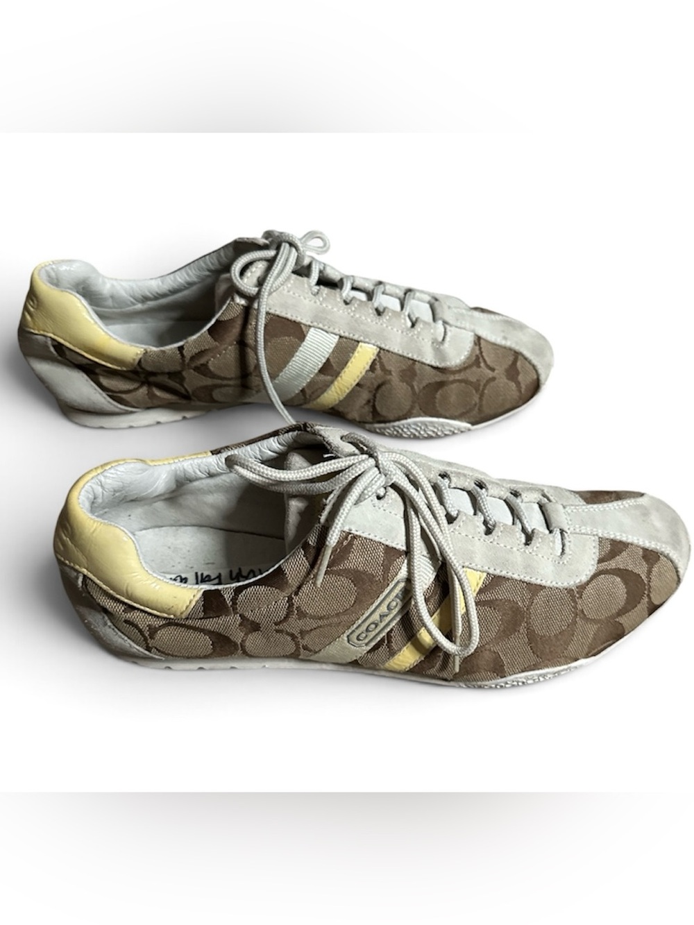 Coach Kids Beige Signature Logo Sneakers with Yellow Accents
